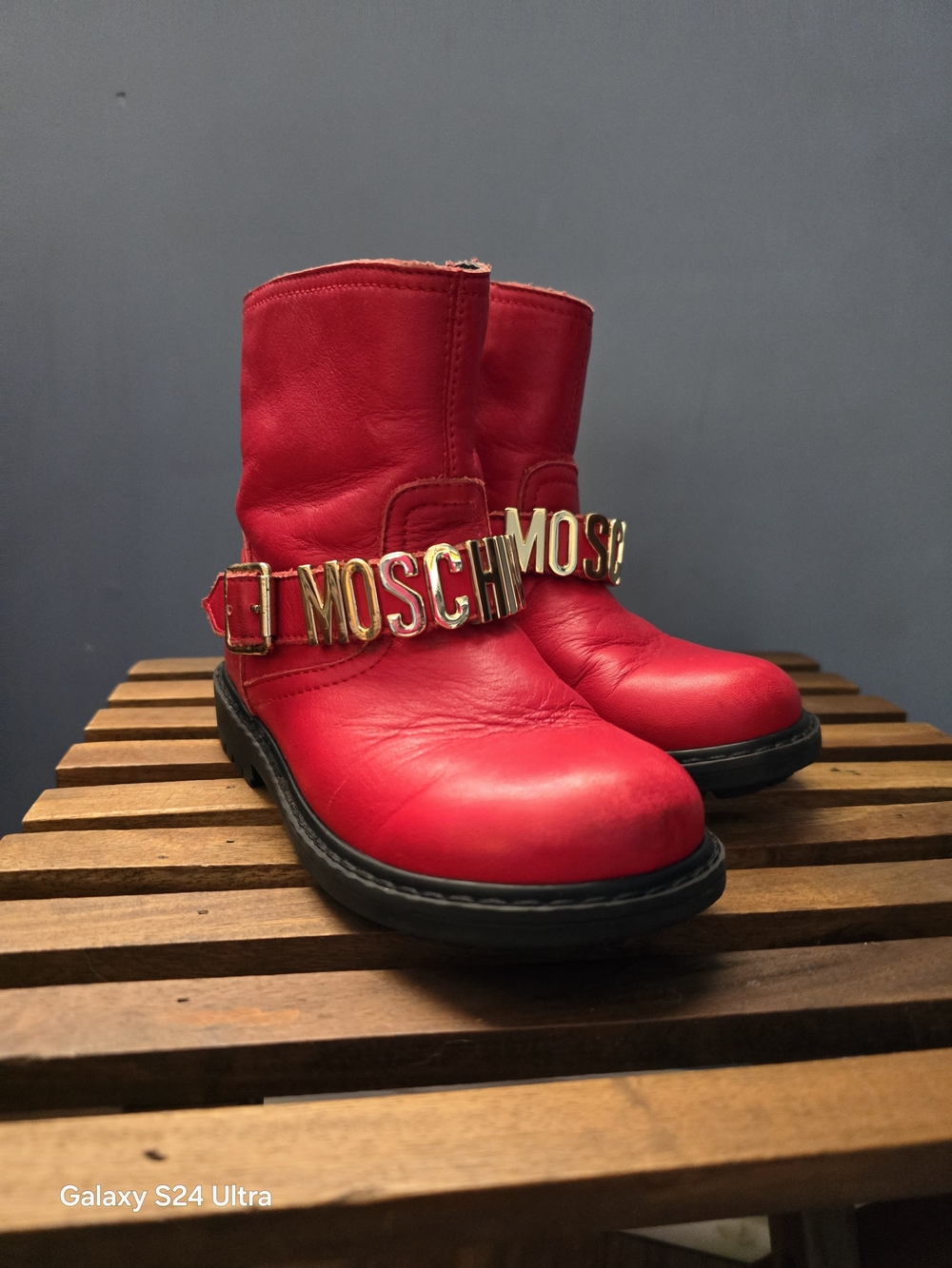 Moschino Kids Red Leather Booties with Gold Logo Strap